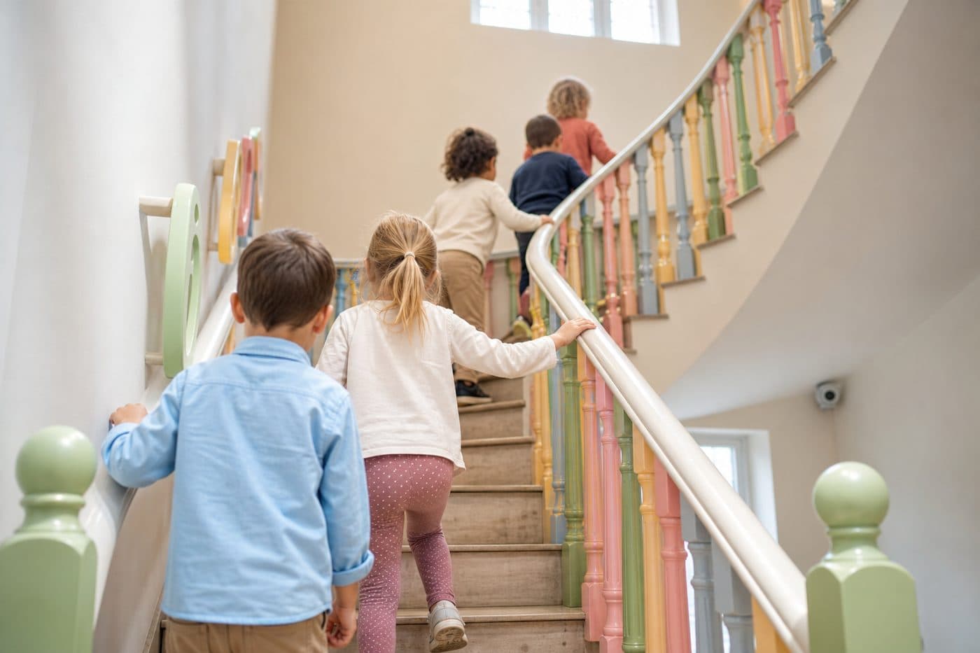 Children on the child-safe staircase at WISH Preschool