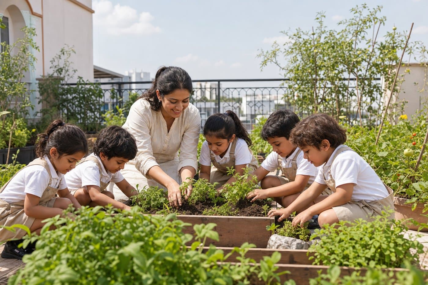 Children learning on the rooftop farm at WISH